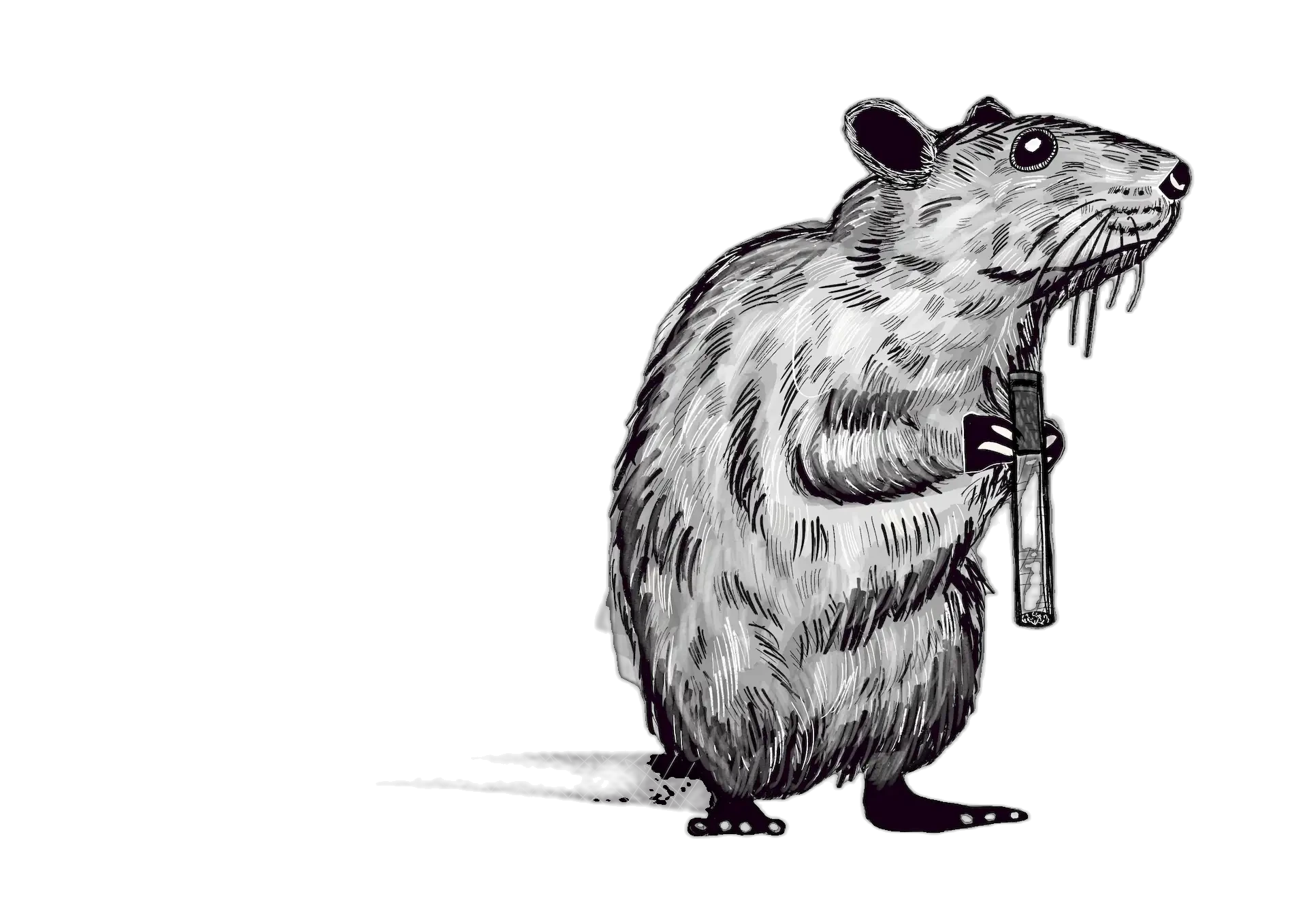 Ink drawing of a rat standing upright, holding an unlit cigarette like a ritual object. Art by RKV.
